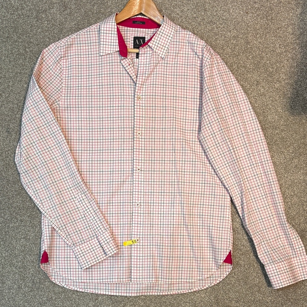 Armani Exchange Red, White, Black and Pink Plaid Shirt